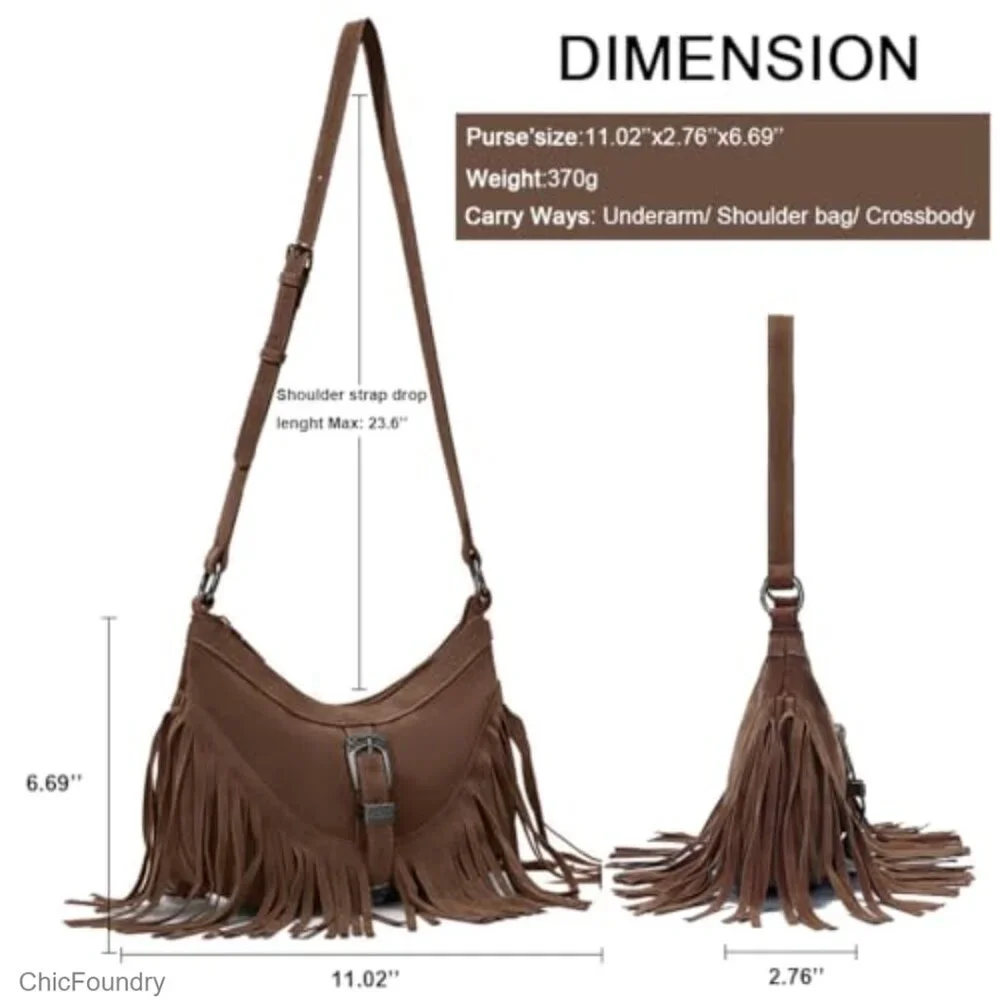 Small Fringe Hobo Shoulder Bag with Tassel, Adjustable Strap, Vintage Style